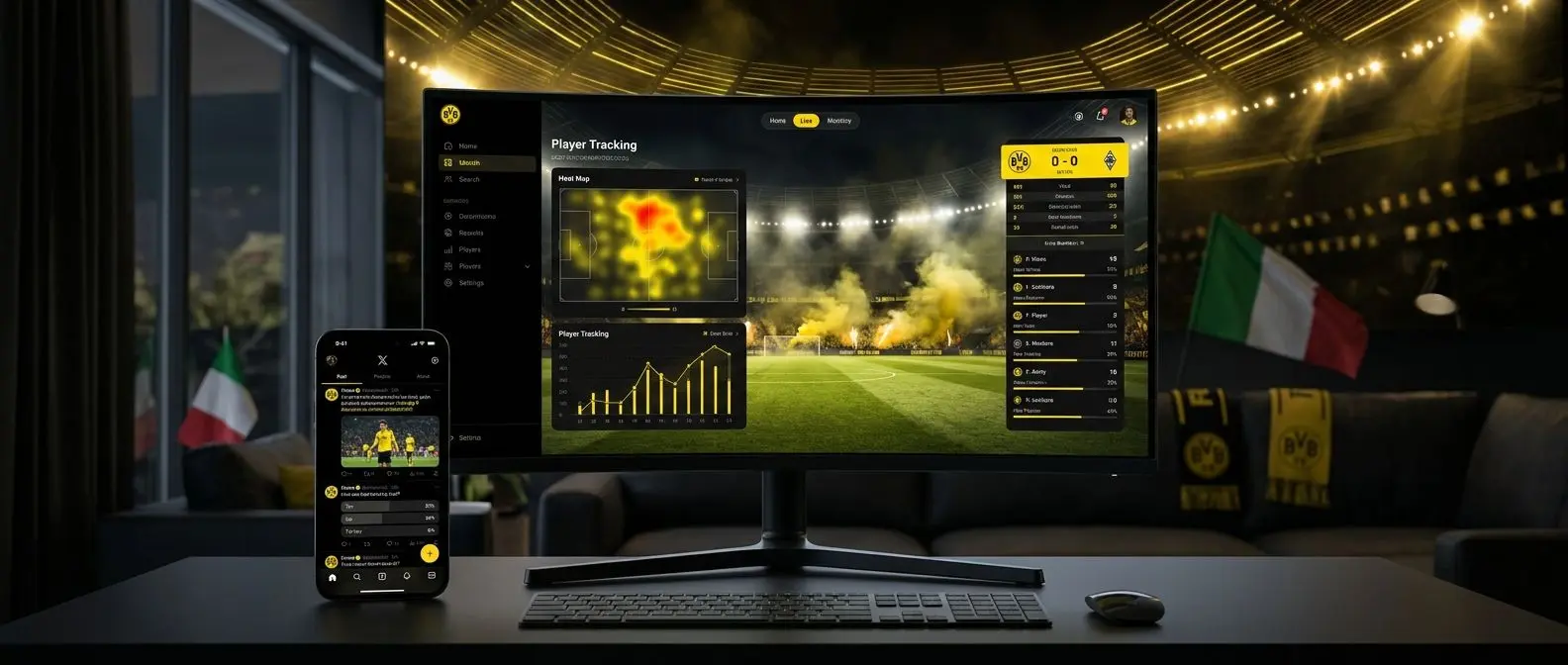 Banner digitale in stile nero e giallo con calcio e interfaccia sportiva mobile desktop