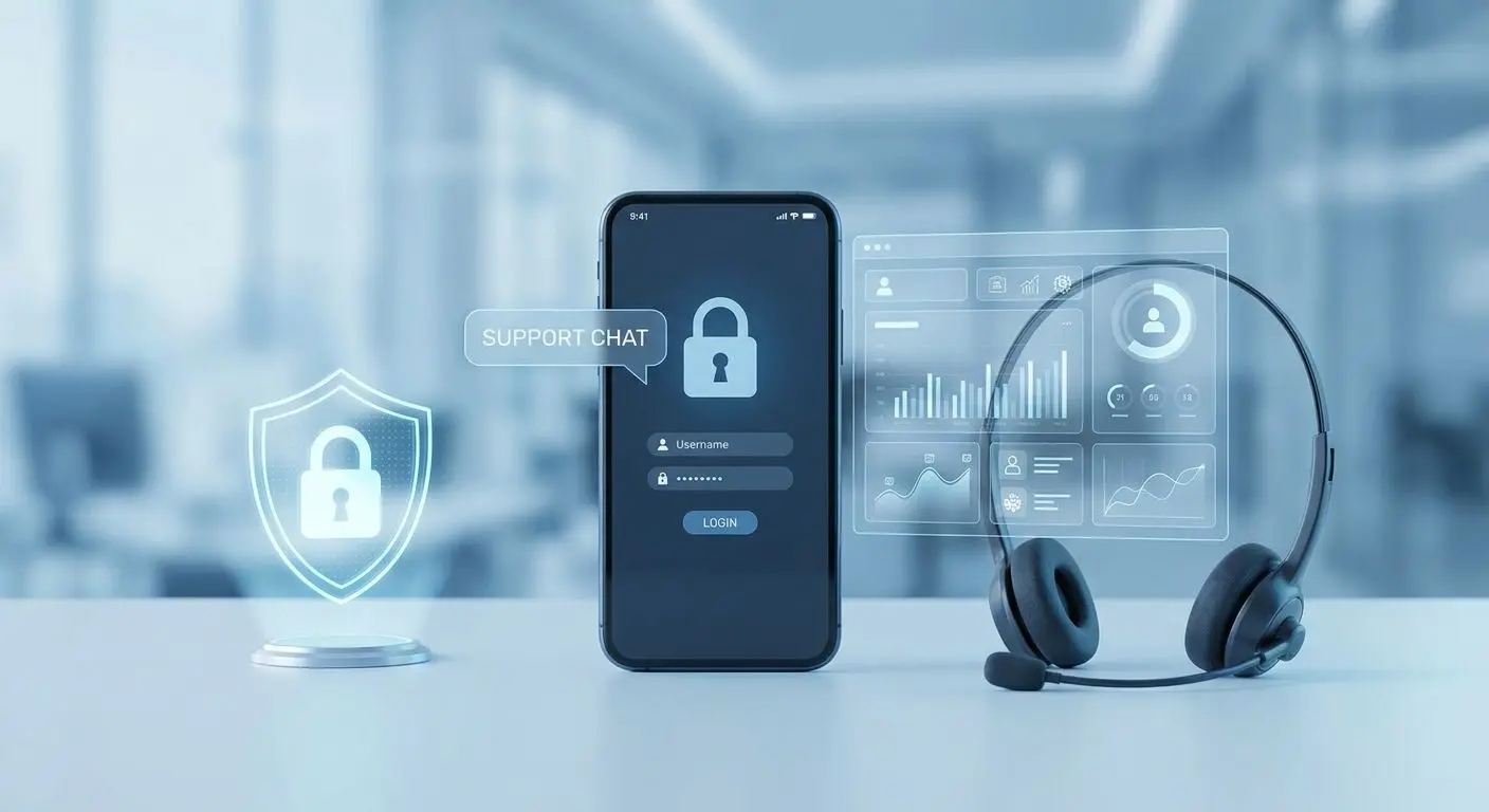Smartphone con icone di sicurezza e supporto clienti