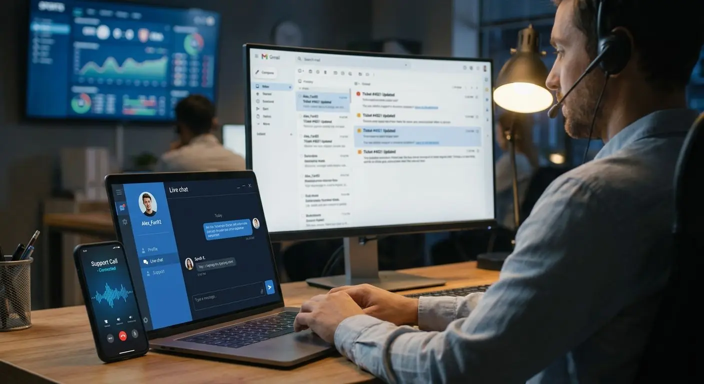 Utente in contatto con il supporto clienti tramite chat, telefono ed email