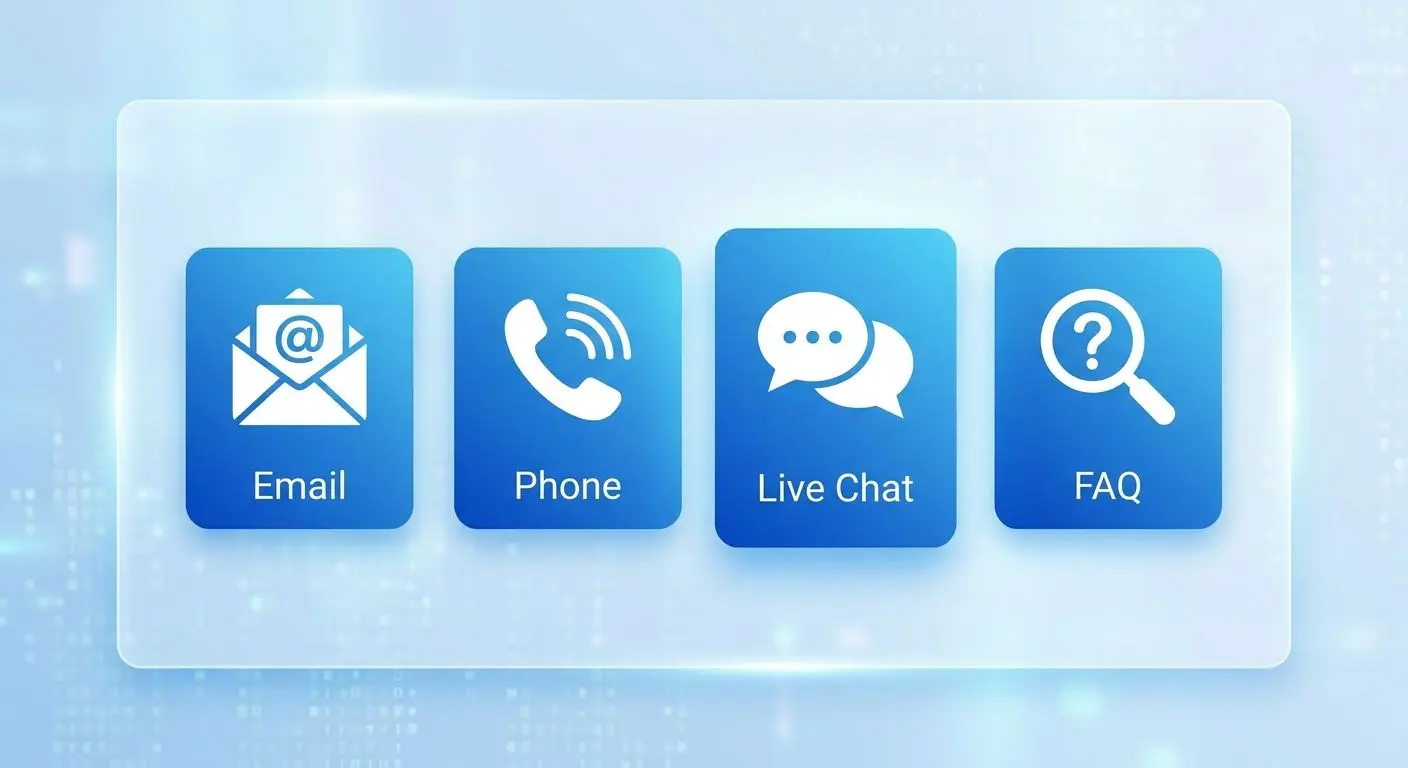 Icone dei canali di assistenza: email, telefono, chat e FAQ