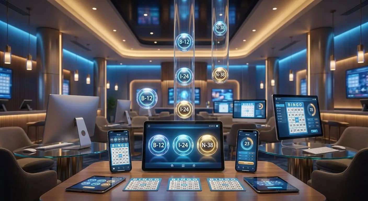 Atmosfera moderna di bingo online con desktop, smartphone, cartelle e palline numerate