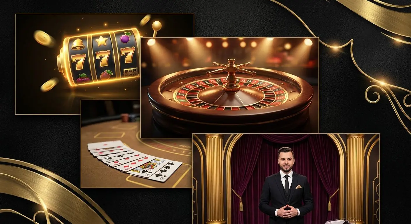 Collage di slot, roulette, carte e area live in stile premium