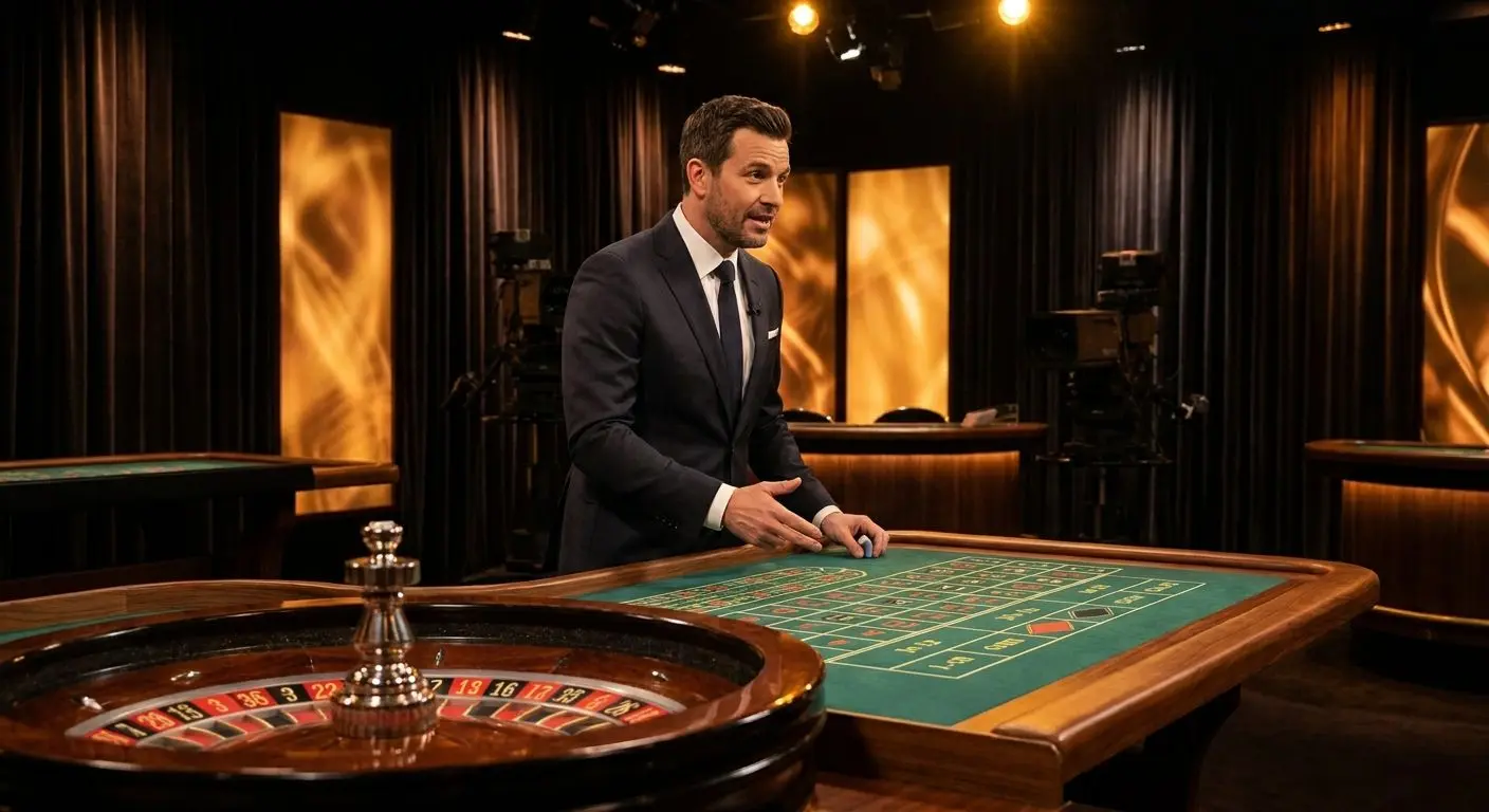 Studio live con croupier a un tavolo di roulette in atmosfera elegante
