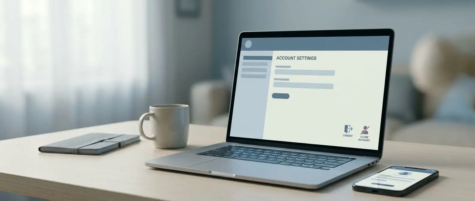 Computer e smartphone con schermata di gestione account e icona chiusura