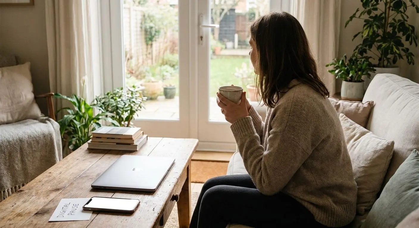 Persona che fa una pausa dall’attività online in un ambiente tranquillo