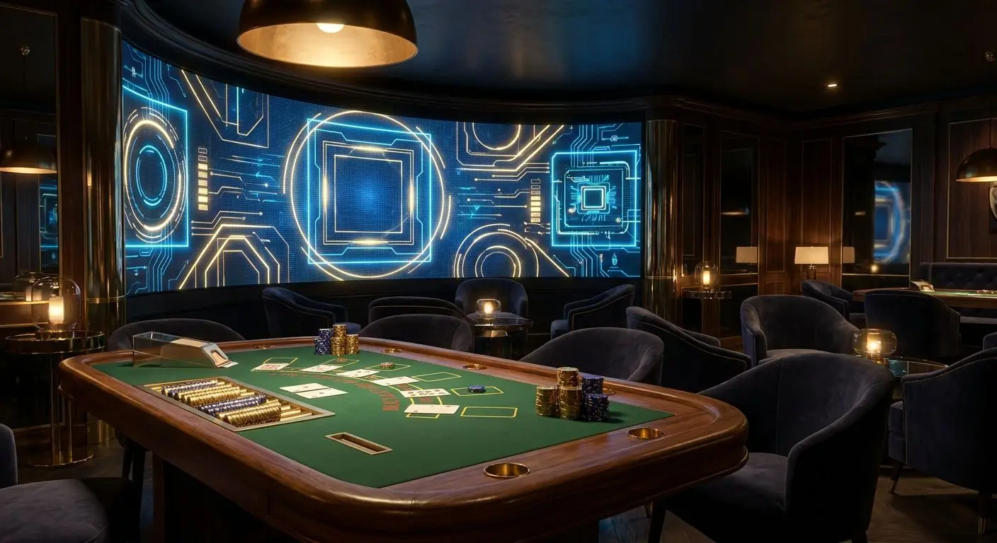 Tavolo da carte in primo piano con fiches e atmosfera digitale elegante
