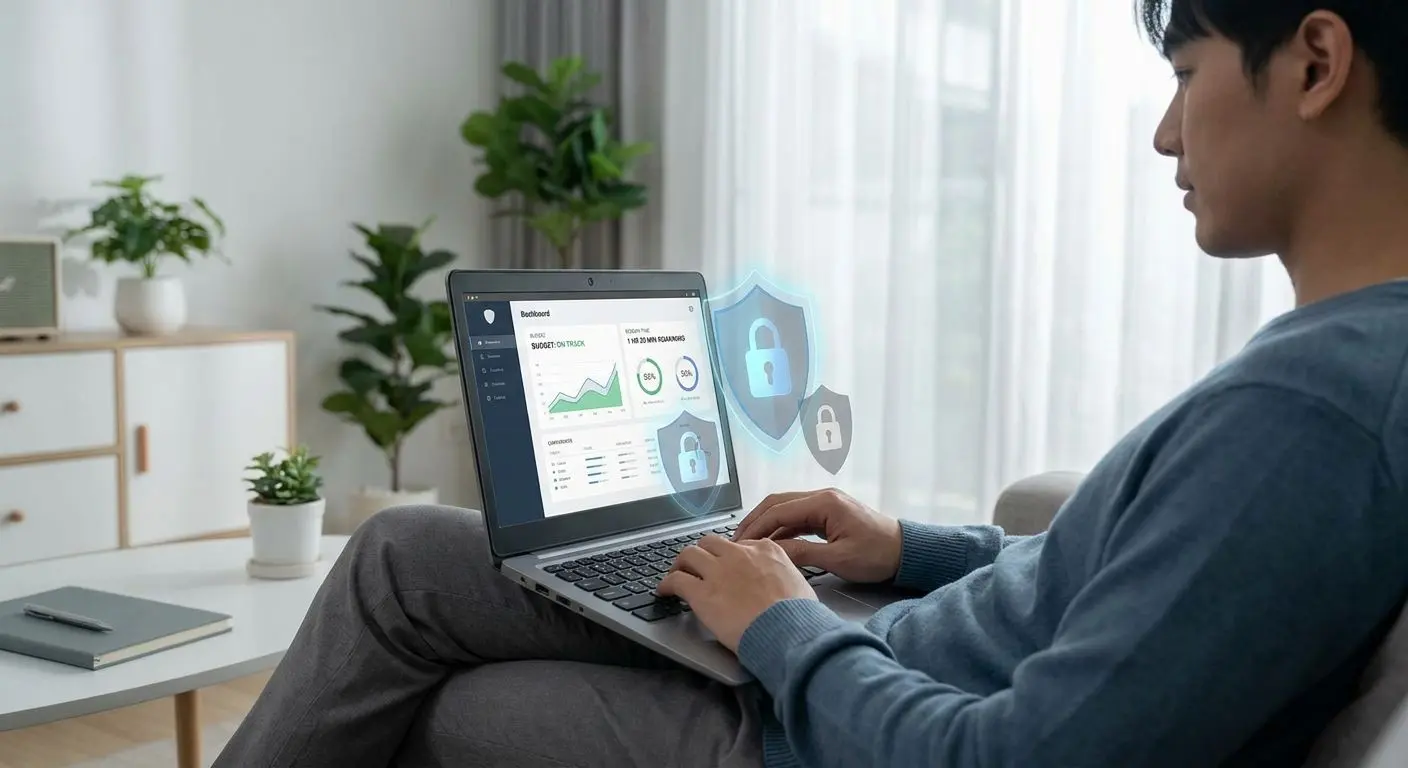 Utente che controlla tempo e budget con icona scudo