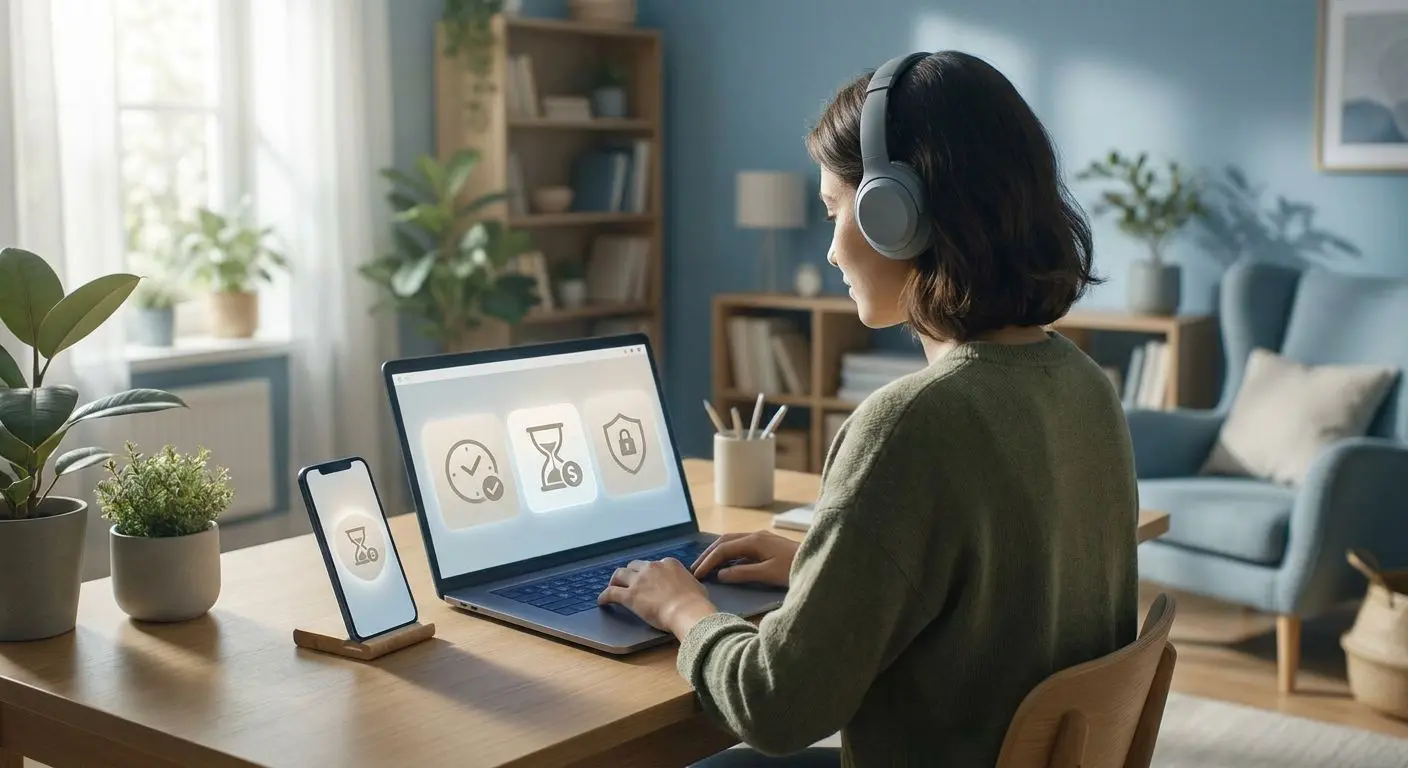 Giocatore adulto al computer con icone di sicurezza, tempo e limiti