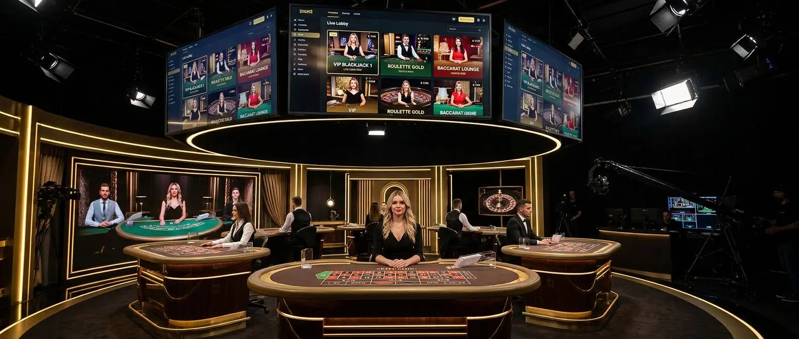 Lobby live con più tavoli di blackjack e roulette visibili