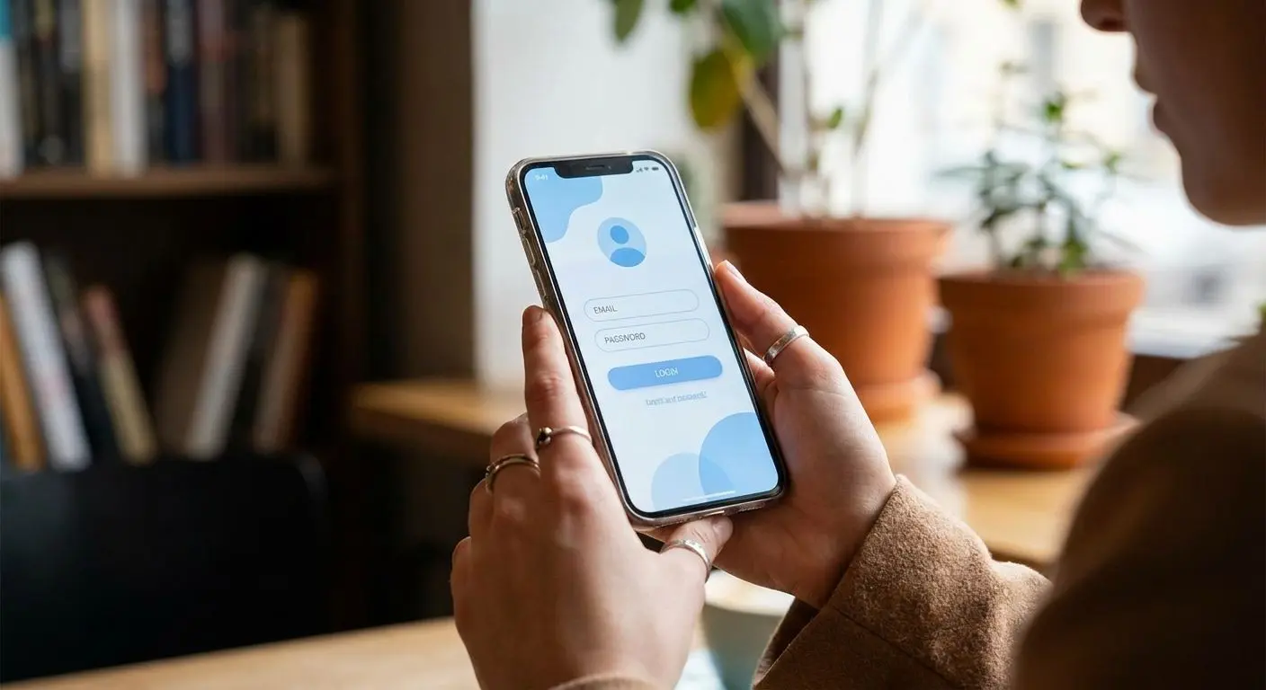 Smartphone con area di login evidenziata nell’app mobile
