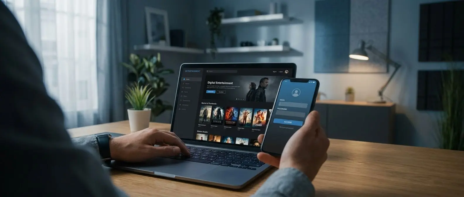 Utente che accede al proprio conto da laptop e smartphone con schermata di login