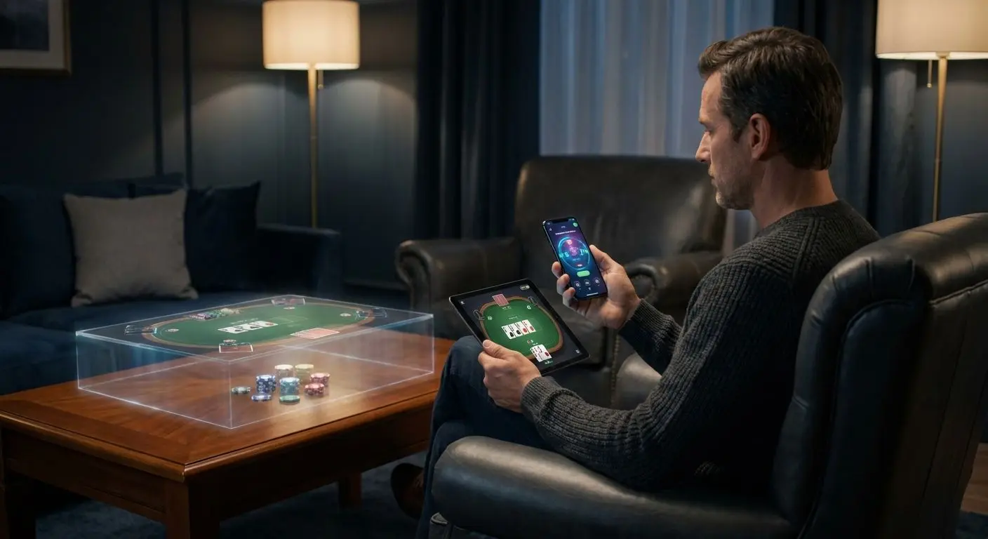 Giocatore con smartphone durante una sessione di poker mobile