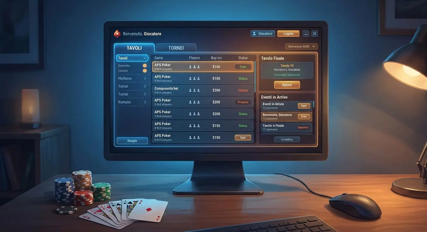 Lobby del client poker con tavoli e tornei