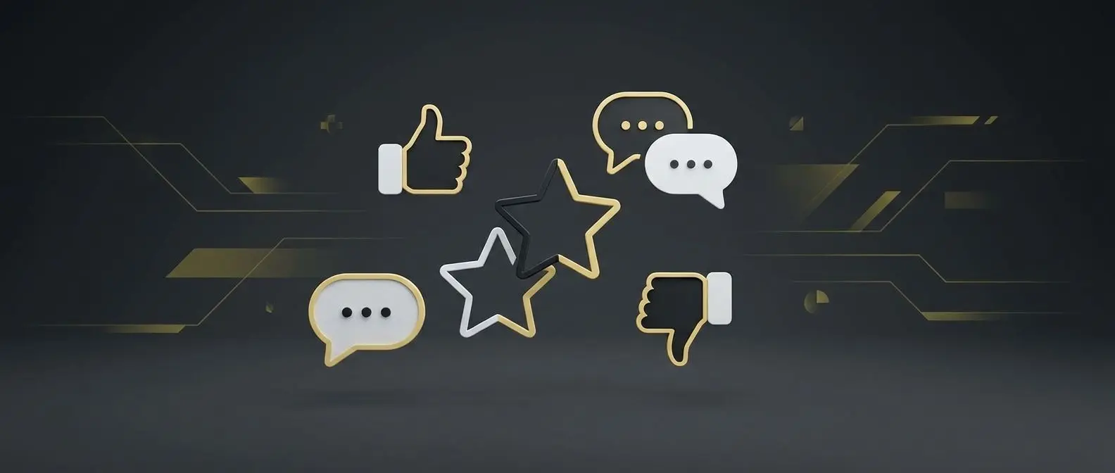 Banner neutrale con icone recensioni, stelle e bilanciamento pro e contro