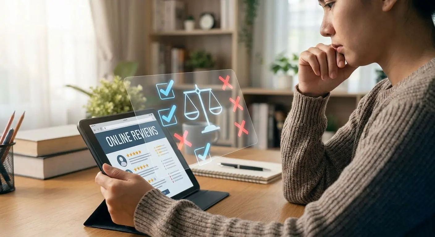 Persona che legge recensioni online per una scelta consapevole