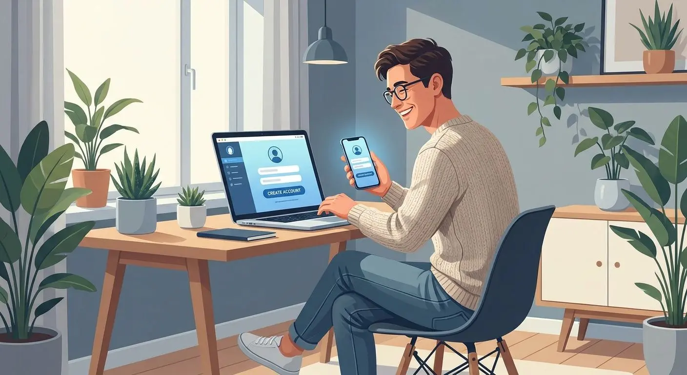 Utente al PC e smartphone con interfaccia di registrazione online