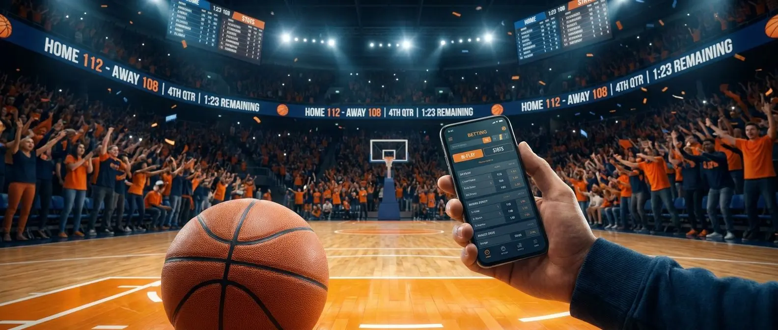 Arena di basket con palla, schermi live e accesso mobile