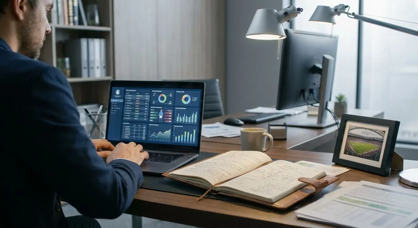 Workspace di un analista sportivo con laptop e appunti