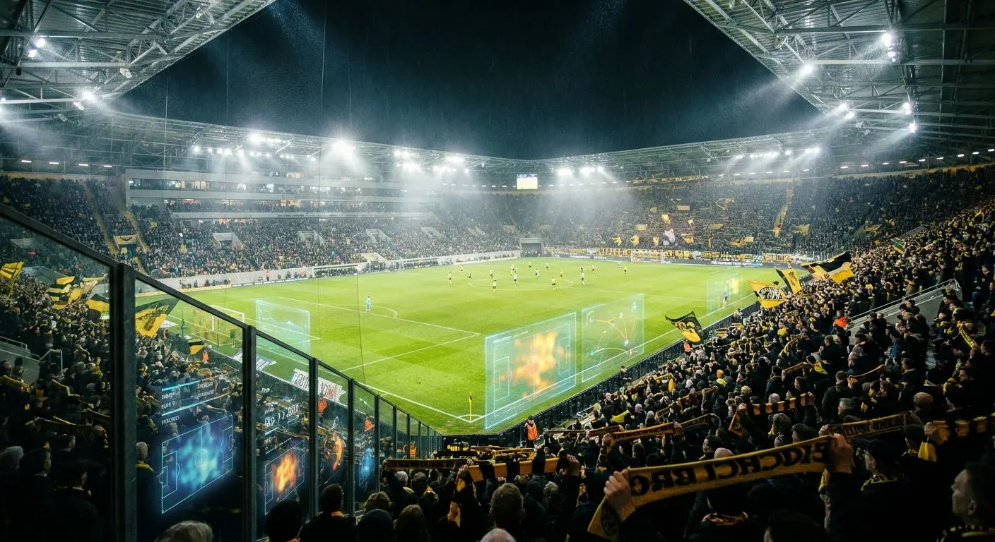 Stadio illuminato in atmosfera Champions con grafica sportiva moderna