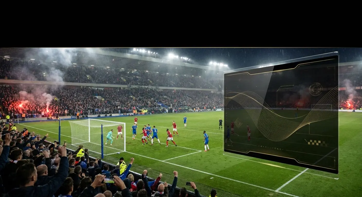 Scena di partita in stile Premier League con interfaccia sportiva astratta