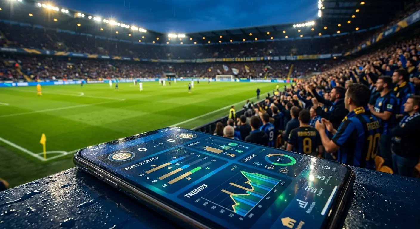 Atmosfera serale da stadio italiano con smartphone e statistiche partita in primo piano