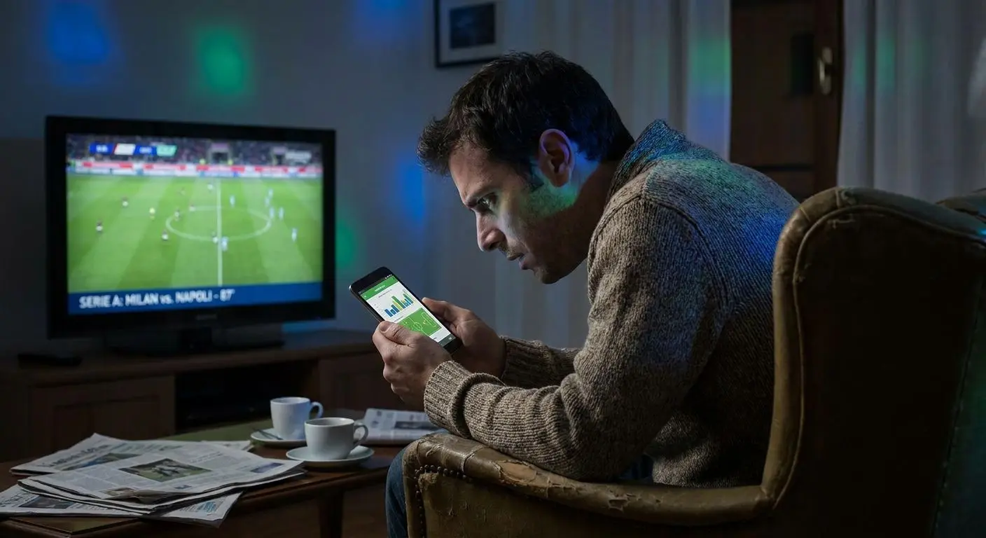 Tifoso concentrato con smartphone mentre segue una partita di Serie A