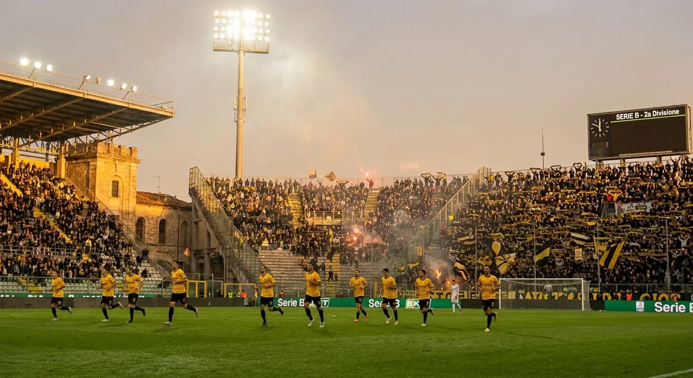 Partita serale di calcio con atmosfera da Serie B e tifosi sugli spalti