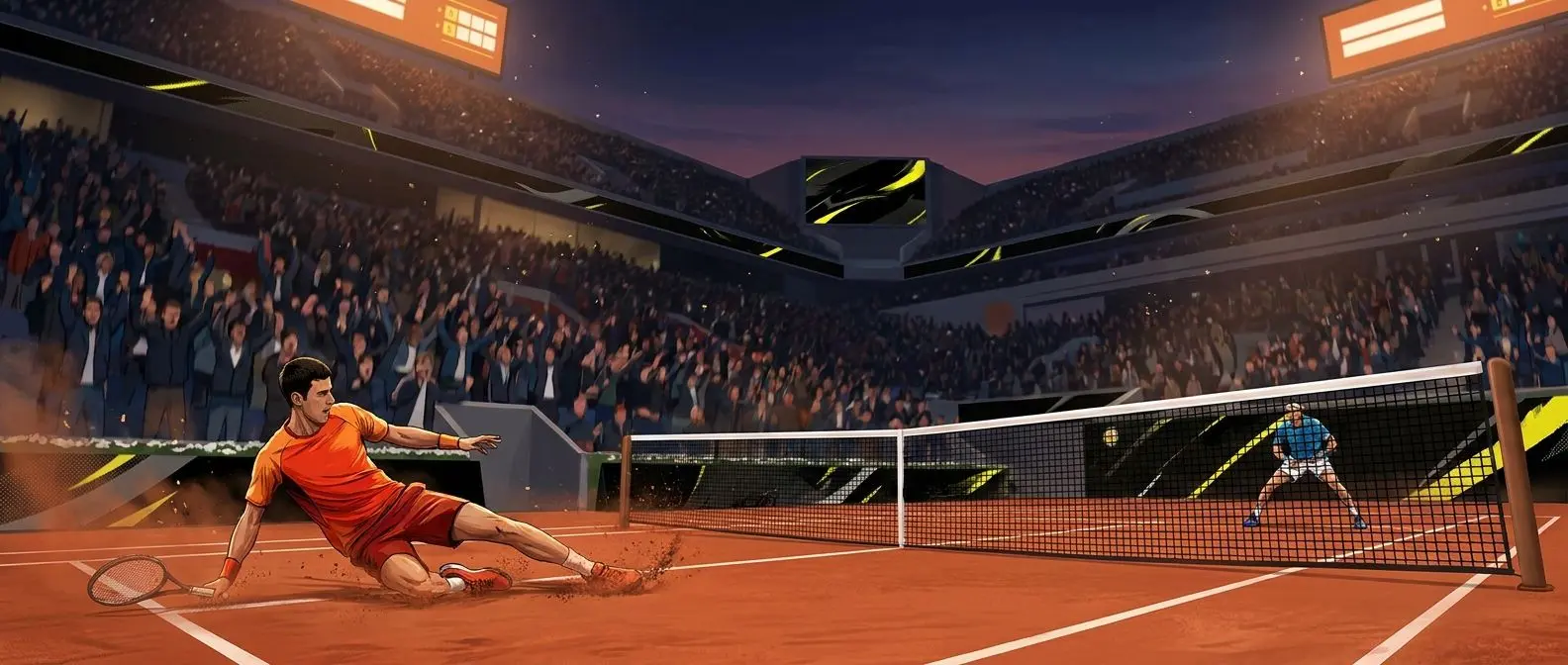 Campo in terra rossa con due tennisti stilizzati e atmosfera da grande torneo