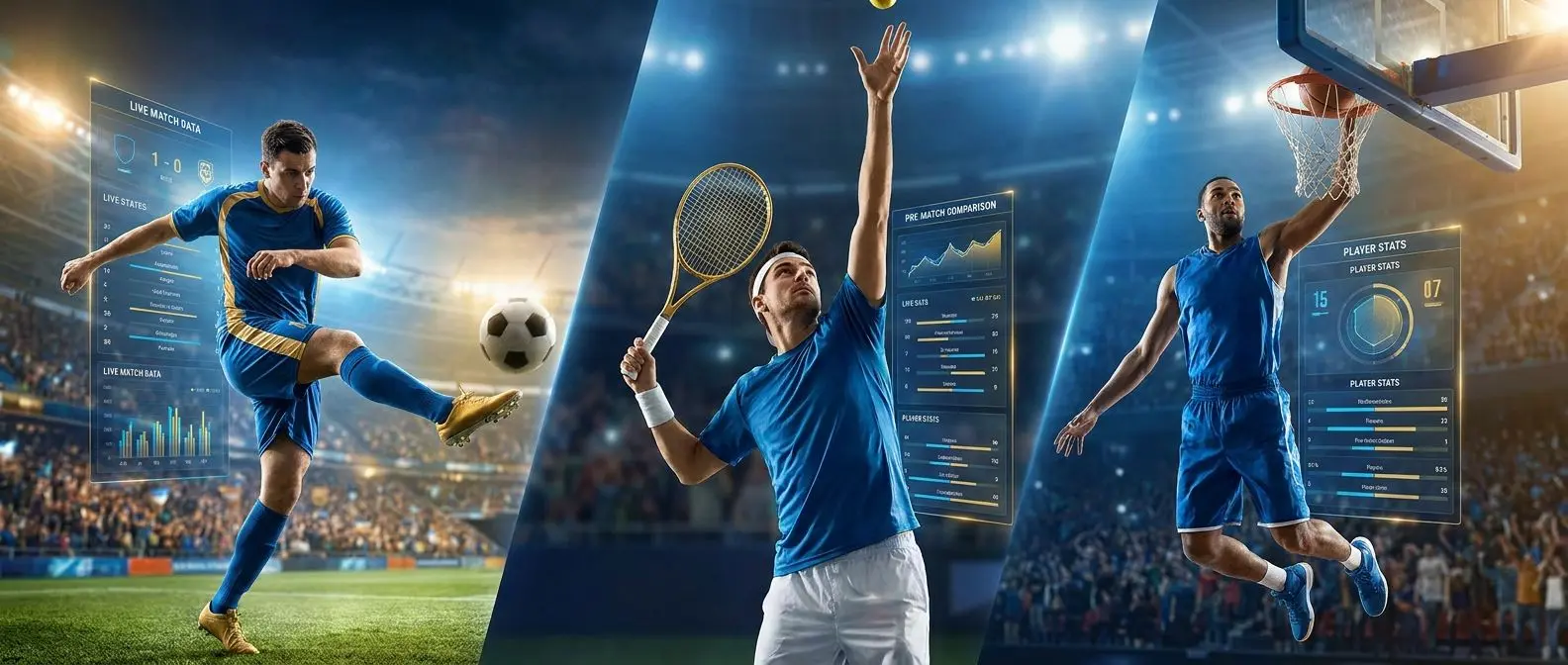 Banner sportivo con calcio tennis basket e interfaccia quote live e pre-match