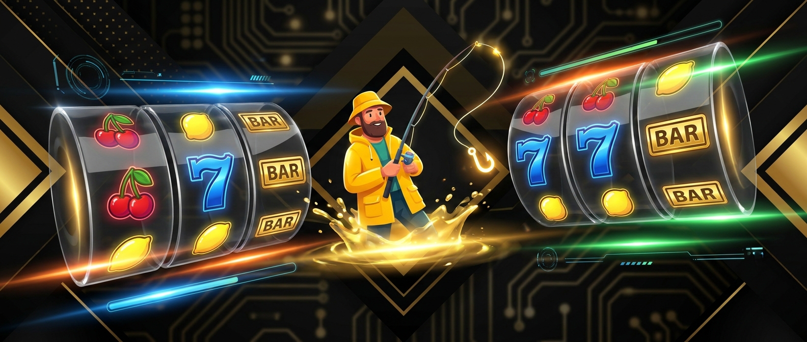 Banner con simboli di slot classiche e un personaggio a tema pesca su sfondo scuro
