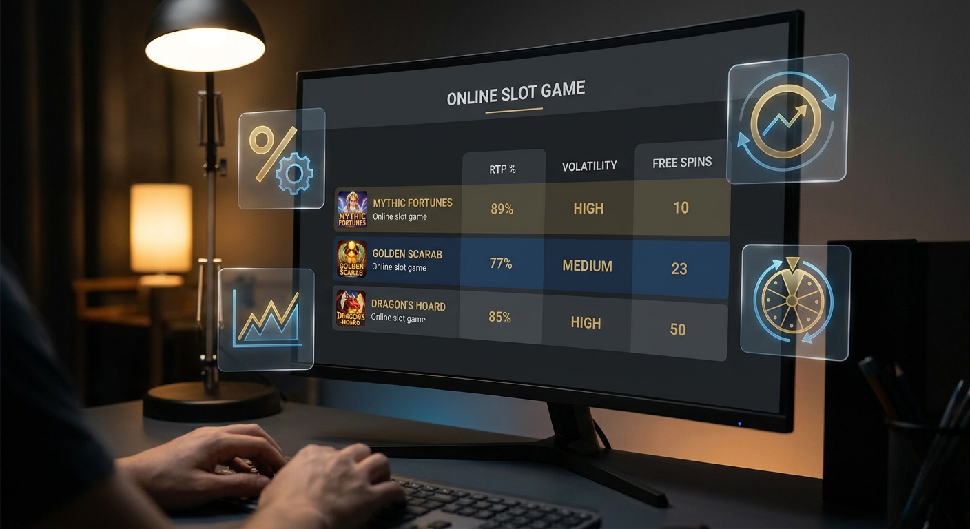 Utente che confronta slot con indicatori di RTP volatilità e giri gratis