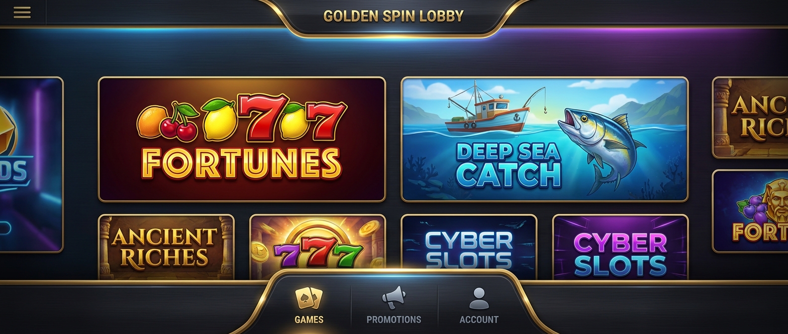 Lobby delle slot con anteprime di giochi classici e una slot a tema pesca