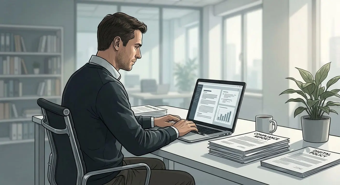 Illustrazione di un analista che esamina documenti e regole del conto